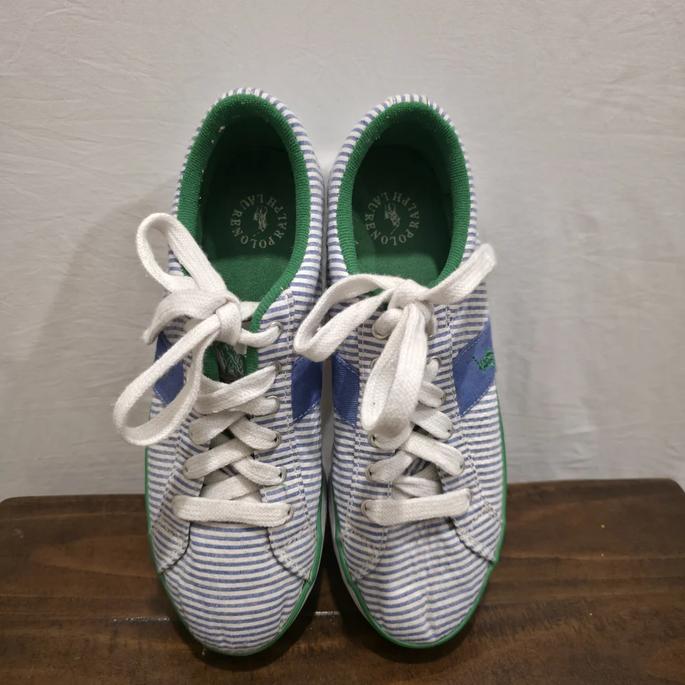 Polo Ralph Lauren Seersucker Sneakers Blue White Stripe Green Pony Size 9B Prep - Picture 5 of 10